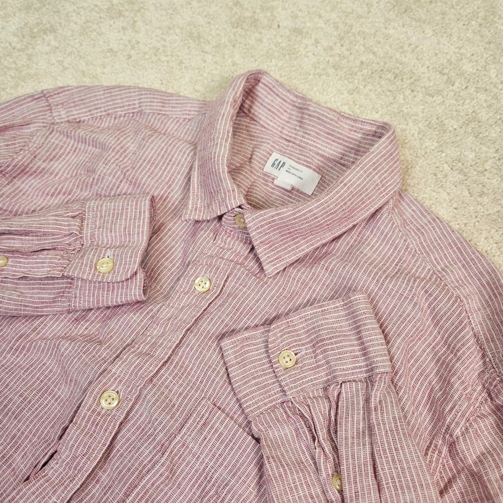 GAP Mens Standard Fit Linen Blend Micro Stripe Red White Button Down Shirt Sz L